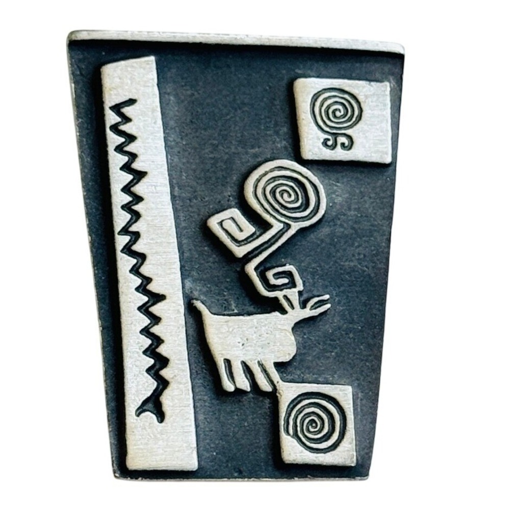 Vtg Alice Seely Signed Urban Fetishes Pewter pin Petroglyph Reindeer Brooch 90s
